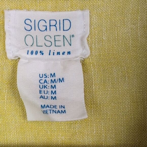 Signed Olsen Yellow Green Linen Roll Tab Sleeves Linen Shirt Size M - Picture 2 of 8